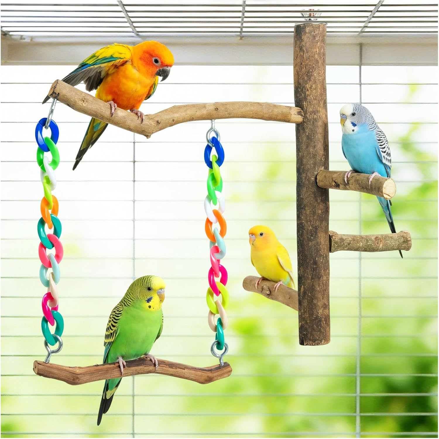 Bird Toys, Bird Swing Toys with Perch Stand, Cage Accessories for Budgies, Parakeets, Cockatiels & Other Small Birds