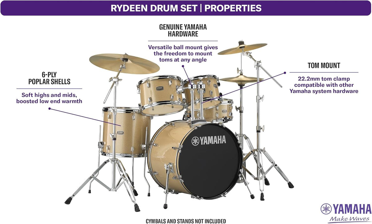 Rydeen 5-Piece Drum Set With 22" Bass Drum, Floor Tom, 2 Toms With Ball Clamp And Wood Snare Drum, Champagne Glitter