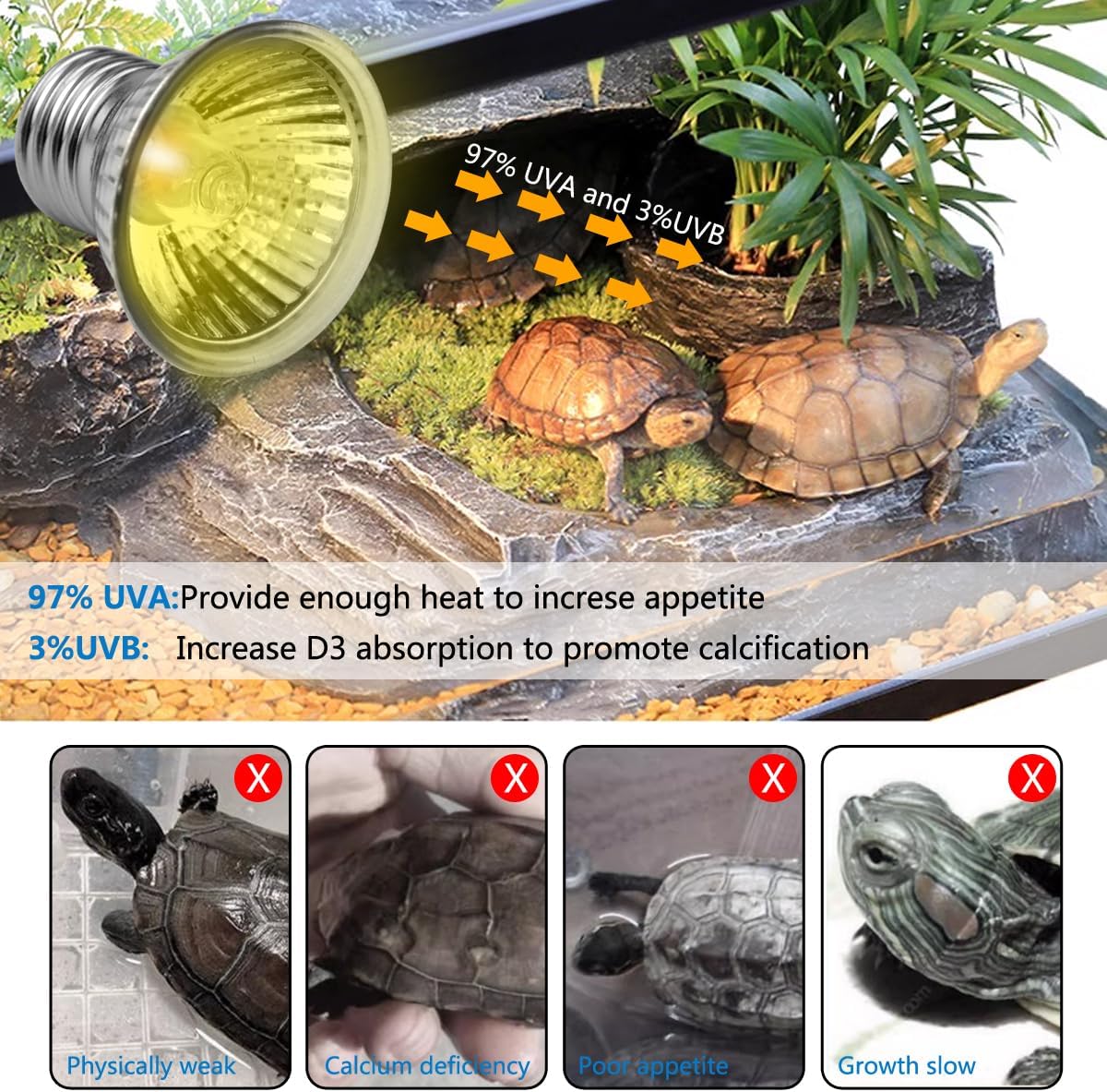 Turtle Heat Lamp + 2 Heating Bulbs (50W,35W), Reptile UVA UVB Basking Spot Lamp, Warming Light with Clamp for