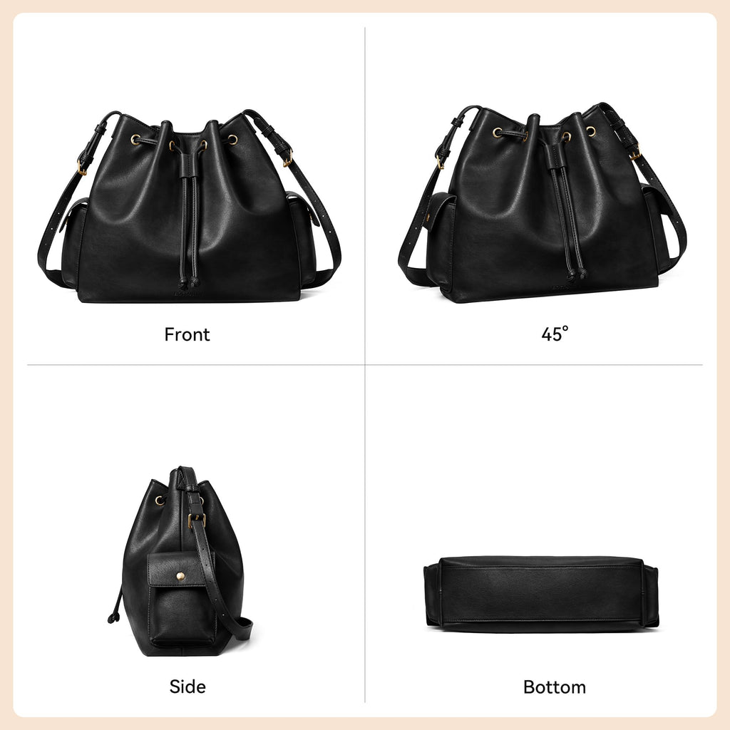 Vegan Leather Bucket Bag Drawstring Crossbody Purse for Women