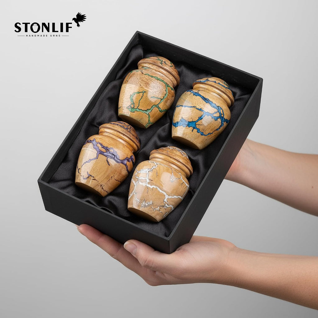 Blue Resin Wood Cremation Urns Multi-Pack - 3 Cubic Inch Thunderstorm Keepsake Set of 4 - Small Epoxy Memorial