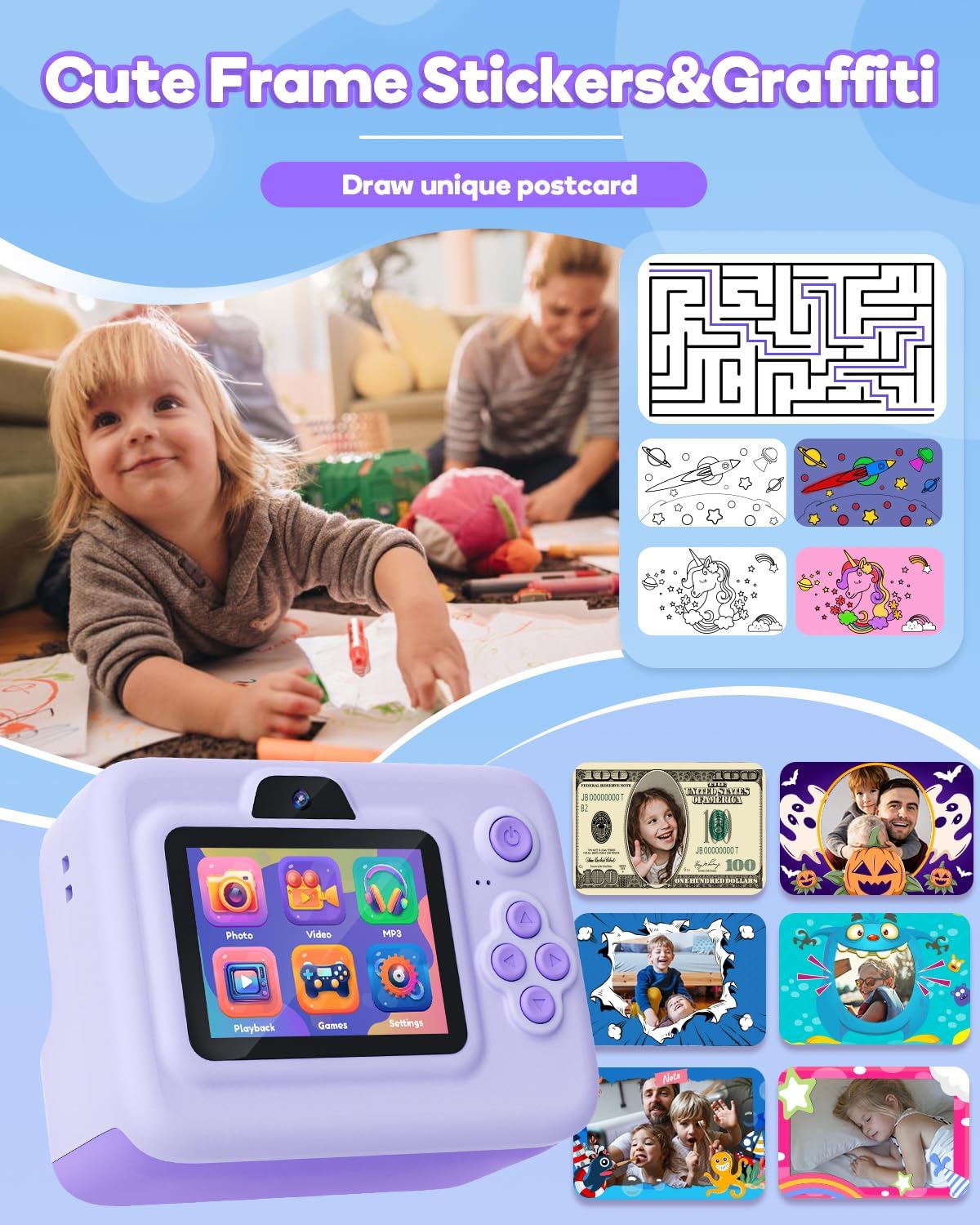 Instant Print Camera for Kids,2.4 Inch Screen Kids Instant Cameras, Christmas Birthday Gifts for Girls Age 3-12