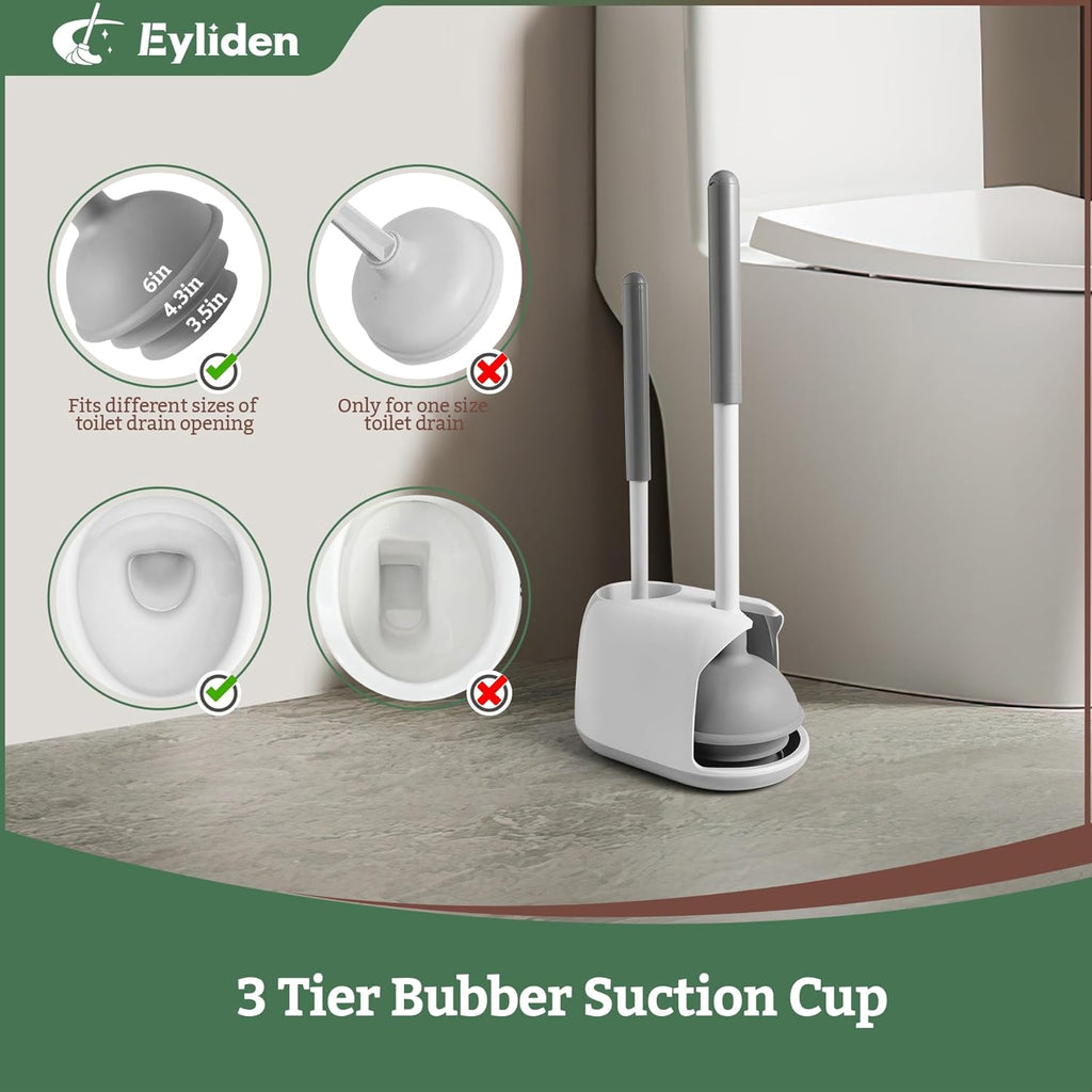 Toilet Plunger & Brush Set, 3-Step Suction Cup, Compact Caddy | Space-Saving Toilet Deep Cleaning Combo with Holder