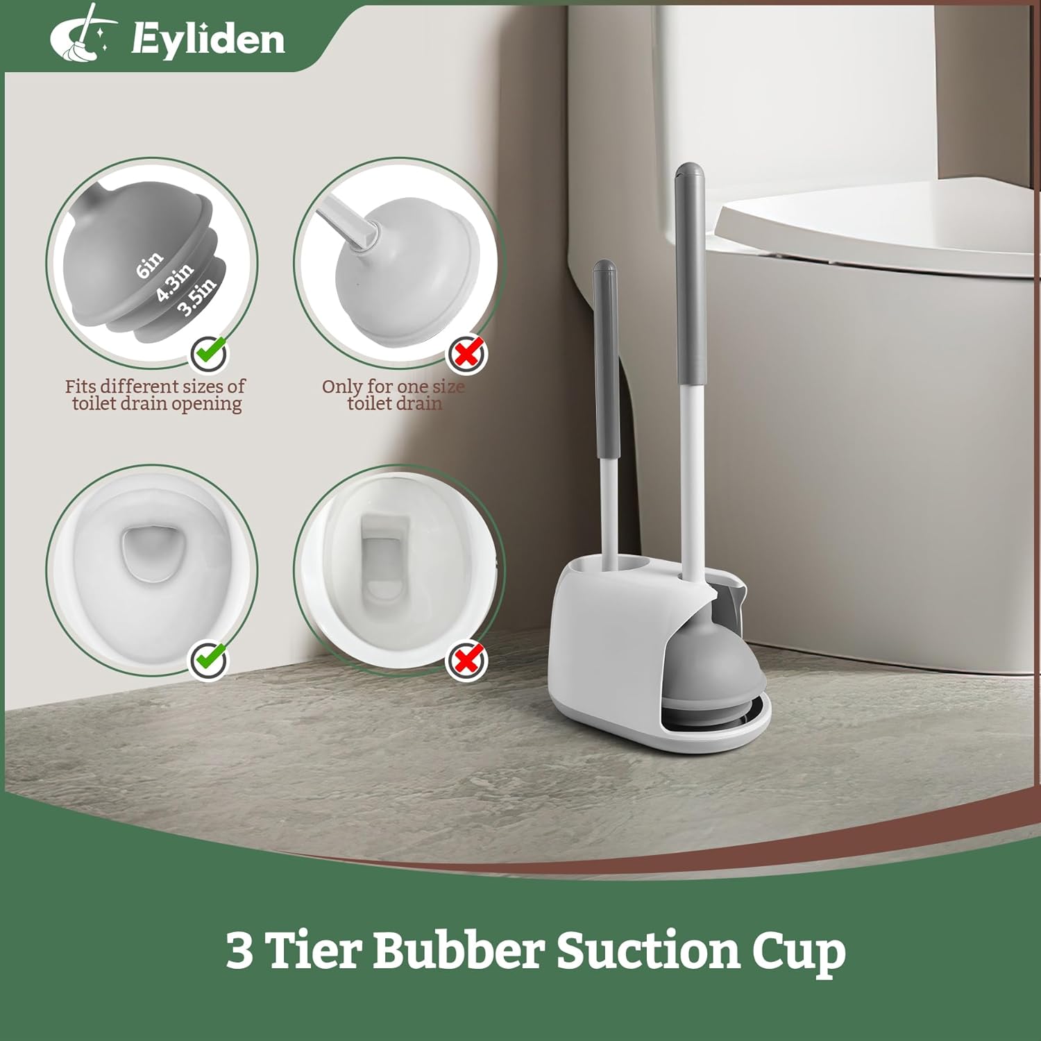 Toilet Plunger & Brush Set, 3-Step Suction Cup, Compact Caddy | Space-Saving Toilet Deep Cleaning Combo with Holder