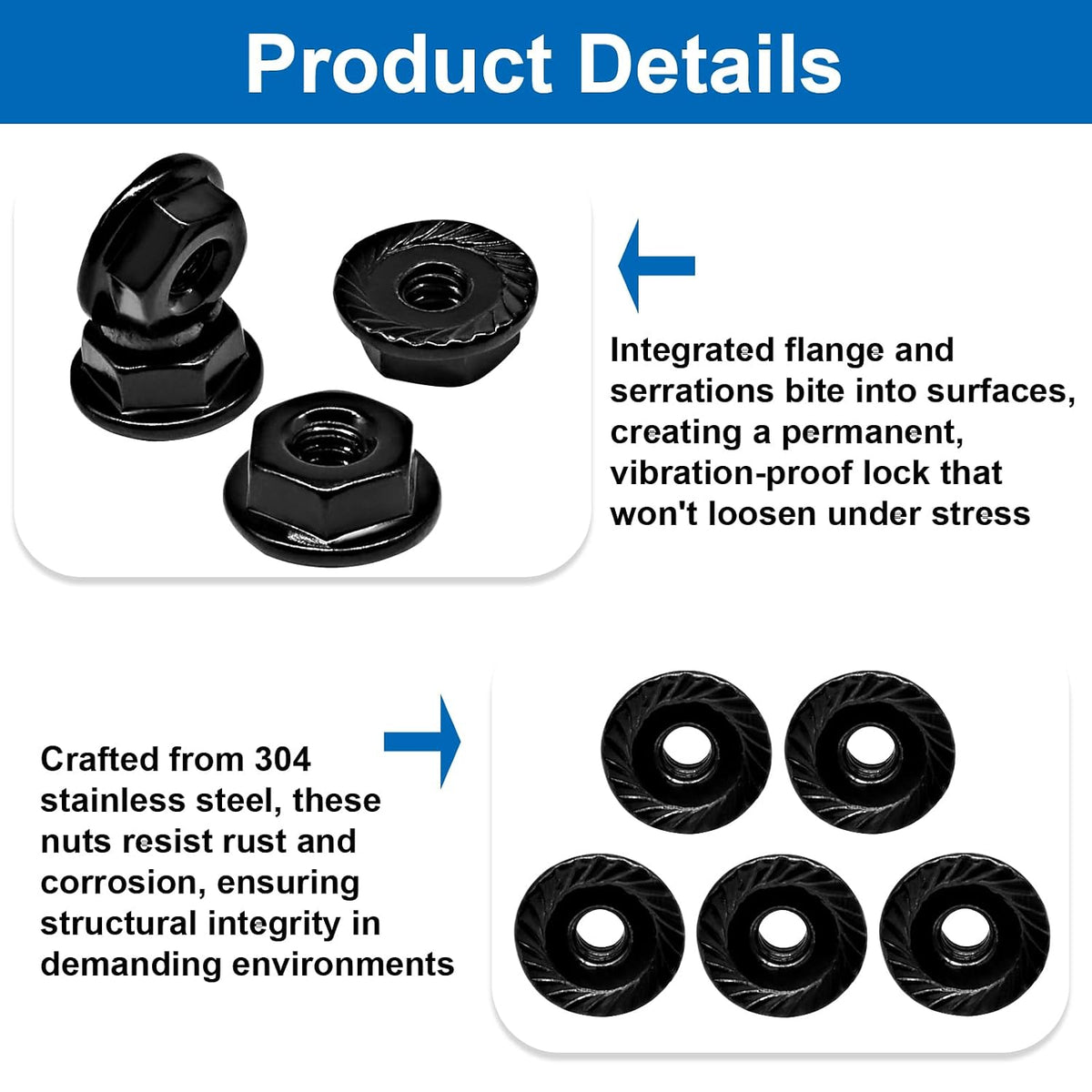 Bonsicoky #6-32 Serrated Flange Nuts, 50 Pack, Black