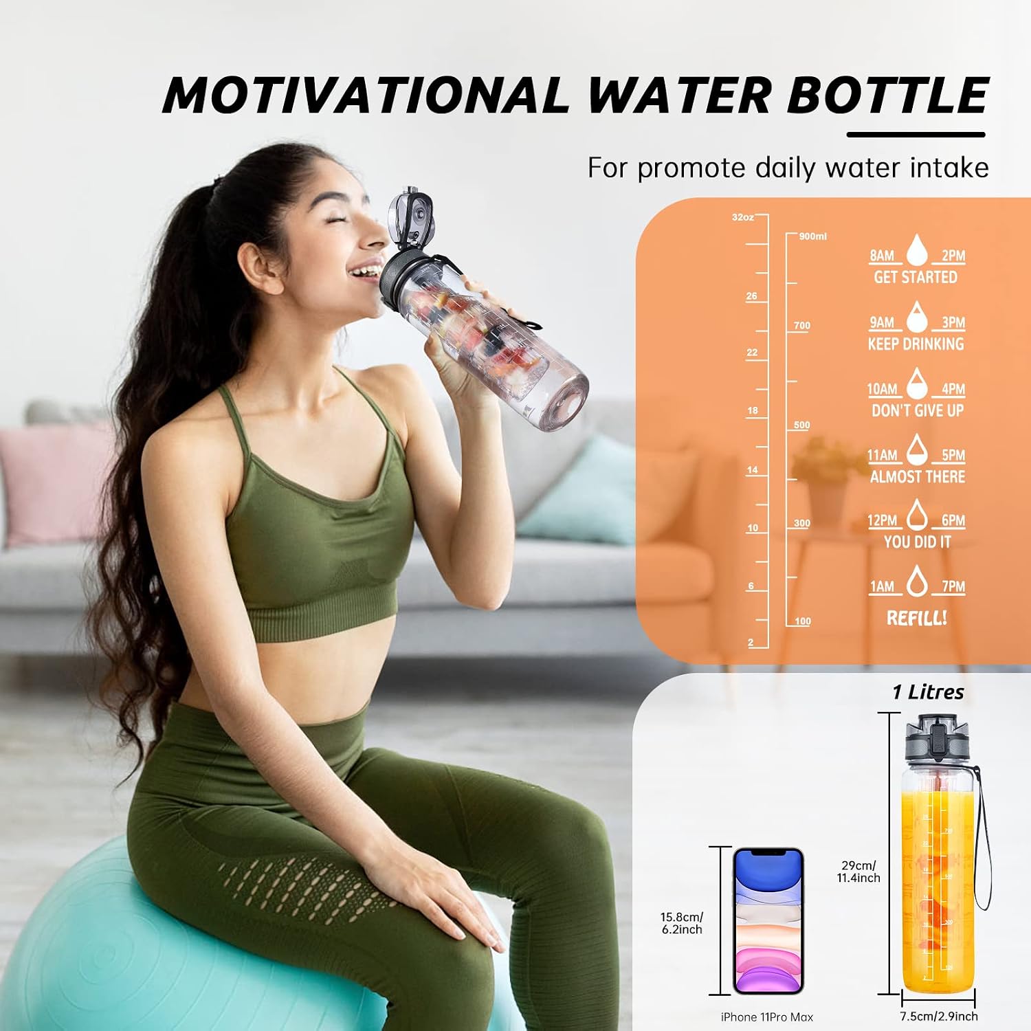 32 OZ Fruit Infuser Water Bottle, Clear | Time Maker