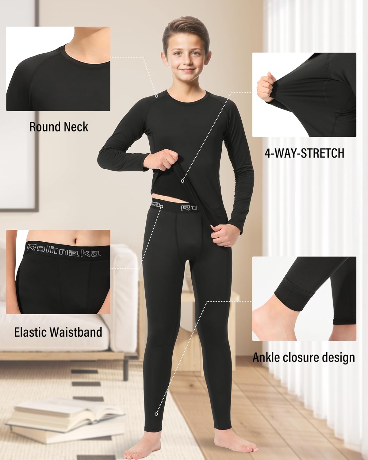 Boys Thermal Underwear Set Fleece Lined Compression Long Johns | Ultra-soft Warmth, High Elasticity, Quick-dry