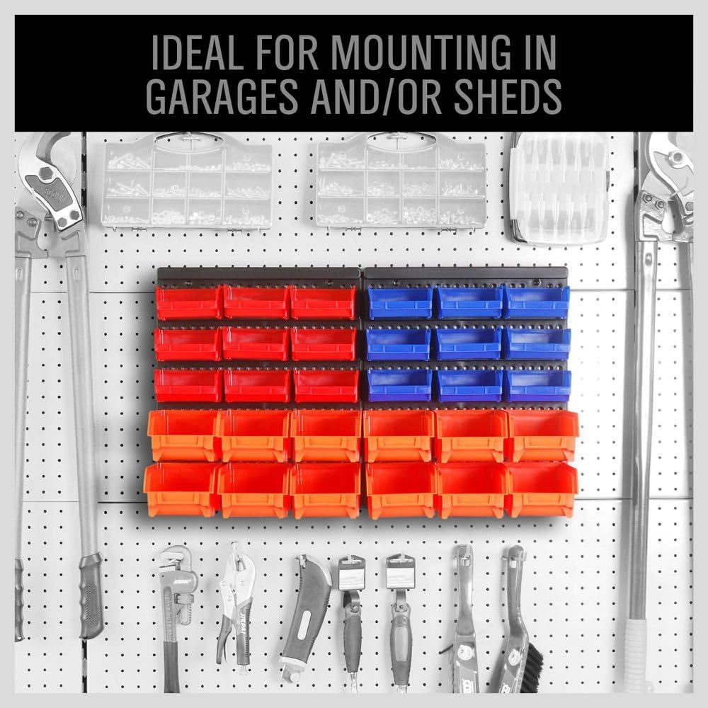 Wall Mounted Storage Bins Parts Rack 30PC Organizer Garage Plastic Shop Tool for Men's Gift, Blue,Orange,Red