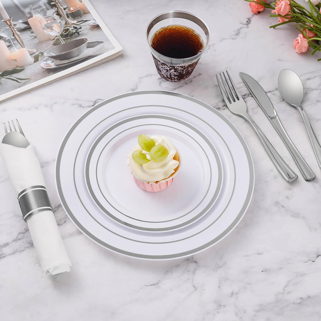 350 Piece Silver Plastic Dinnerware Set for 50 Guests