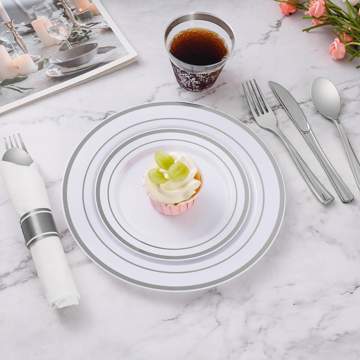 350 Piece Silver Plastic Dinnerware Set for 50 Guests
