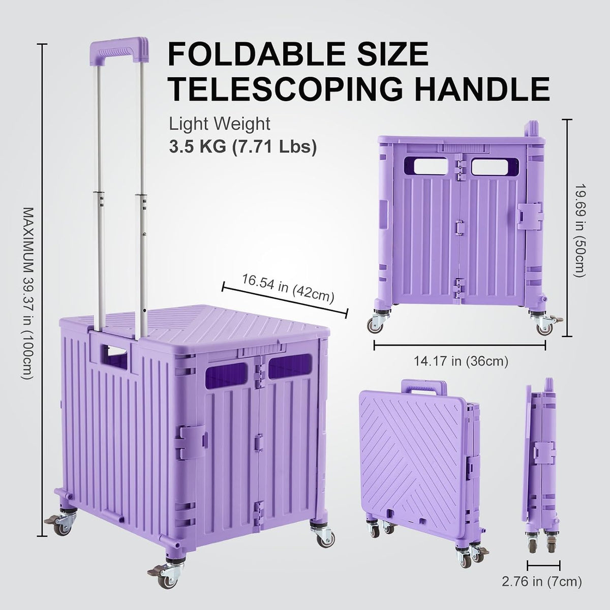 Foldable Utility Cart Folding Portable Rolling Crate Handcart with Durable Heavy Duty Plastic Telescoping Handle