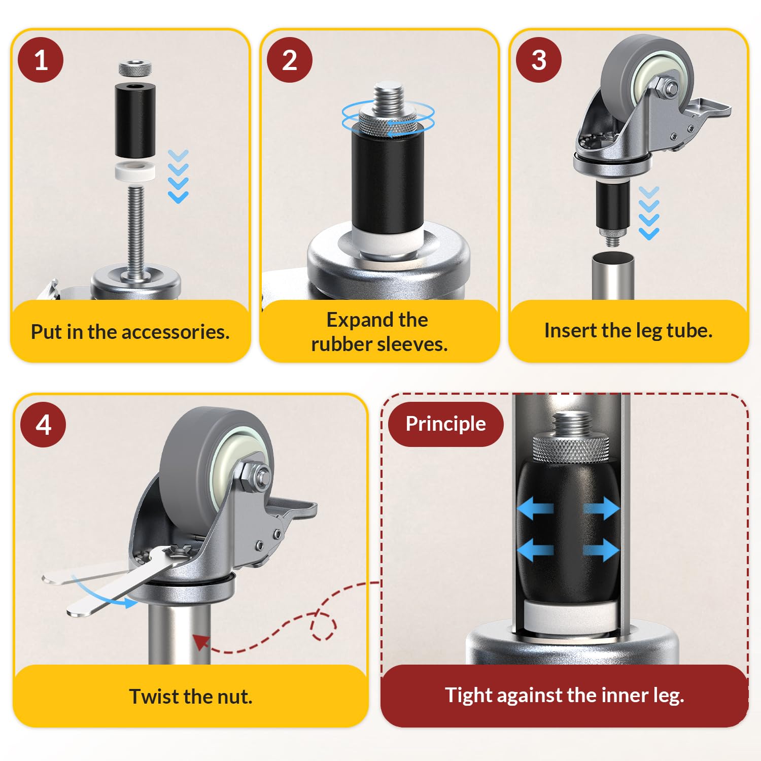 Caster Wheels Locking 3 Inch Expanding Stem Casters, Threaded Swivel Casters Set of 4 Heavy Duty Castors, Fit 1"