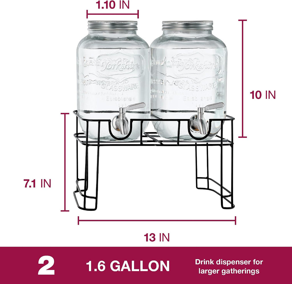 Glass Drink Dispenser with Stand, Steel Spigot, 1 Gallon, 2-Pack