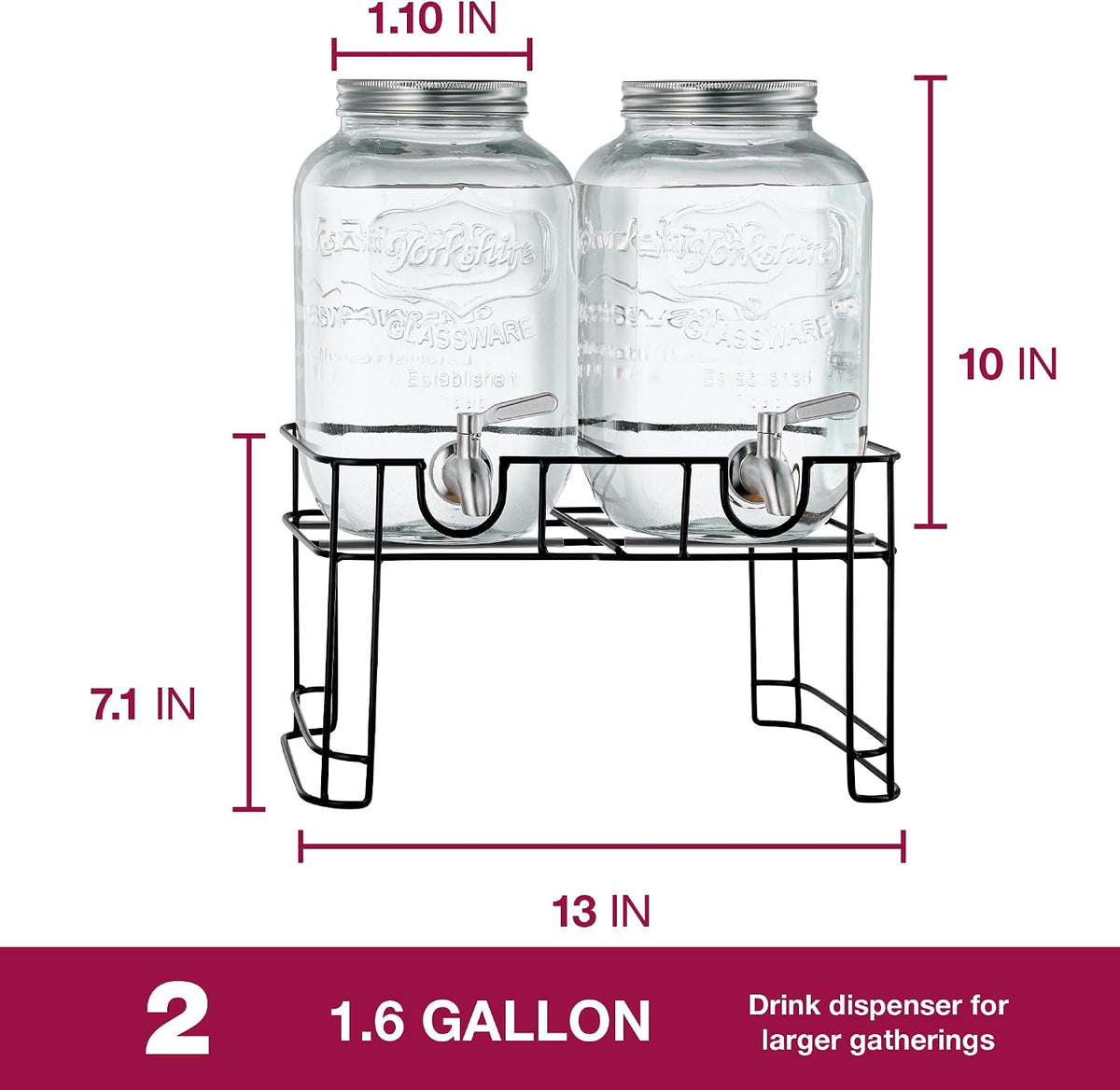 Glass Drink Dispenser with Stand, Steel Spigot, 1 Gallon, 2-Pack