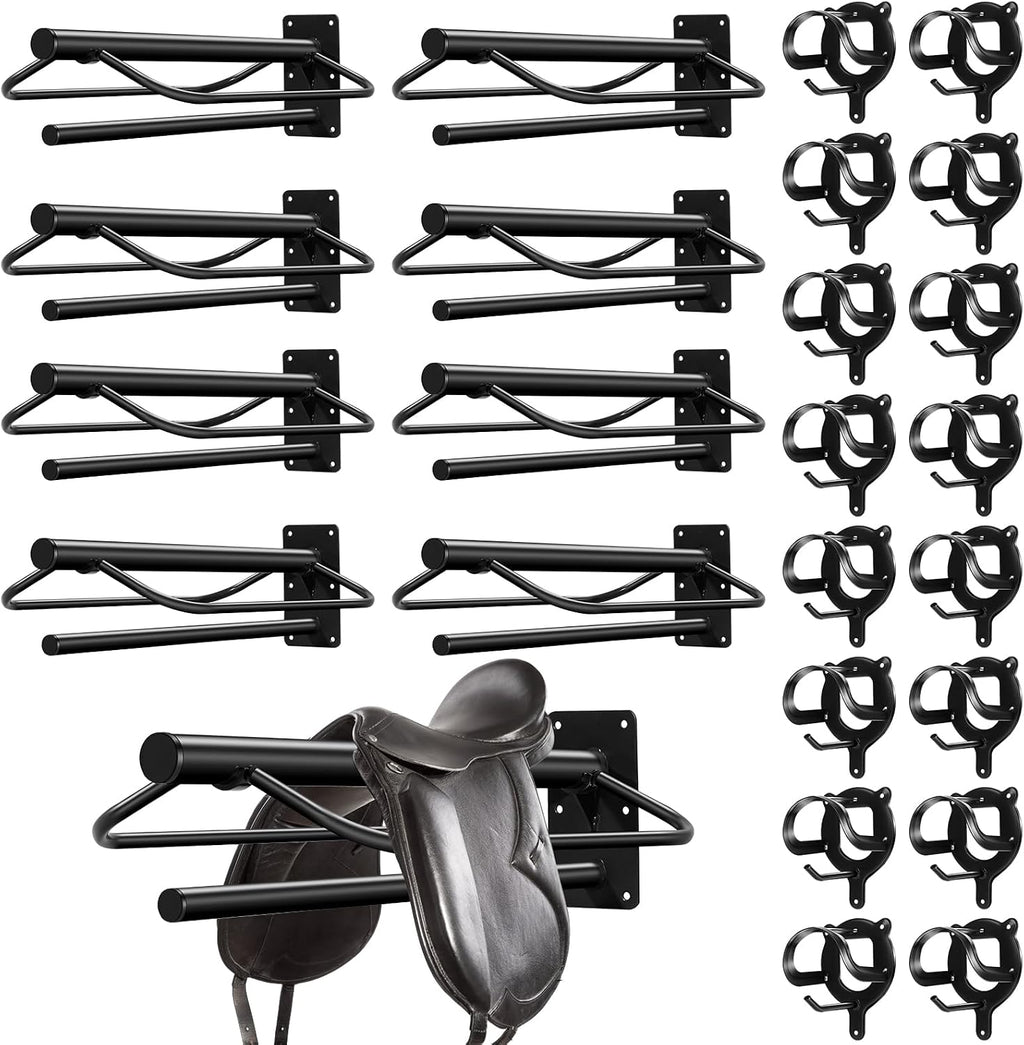 24 Pack Saddle Rack Wall Mount with Pad Bar Horse Bridle Rack Metal Bracket Bridle Hooks Detachable Portable Saddle