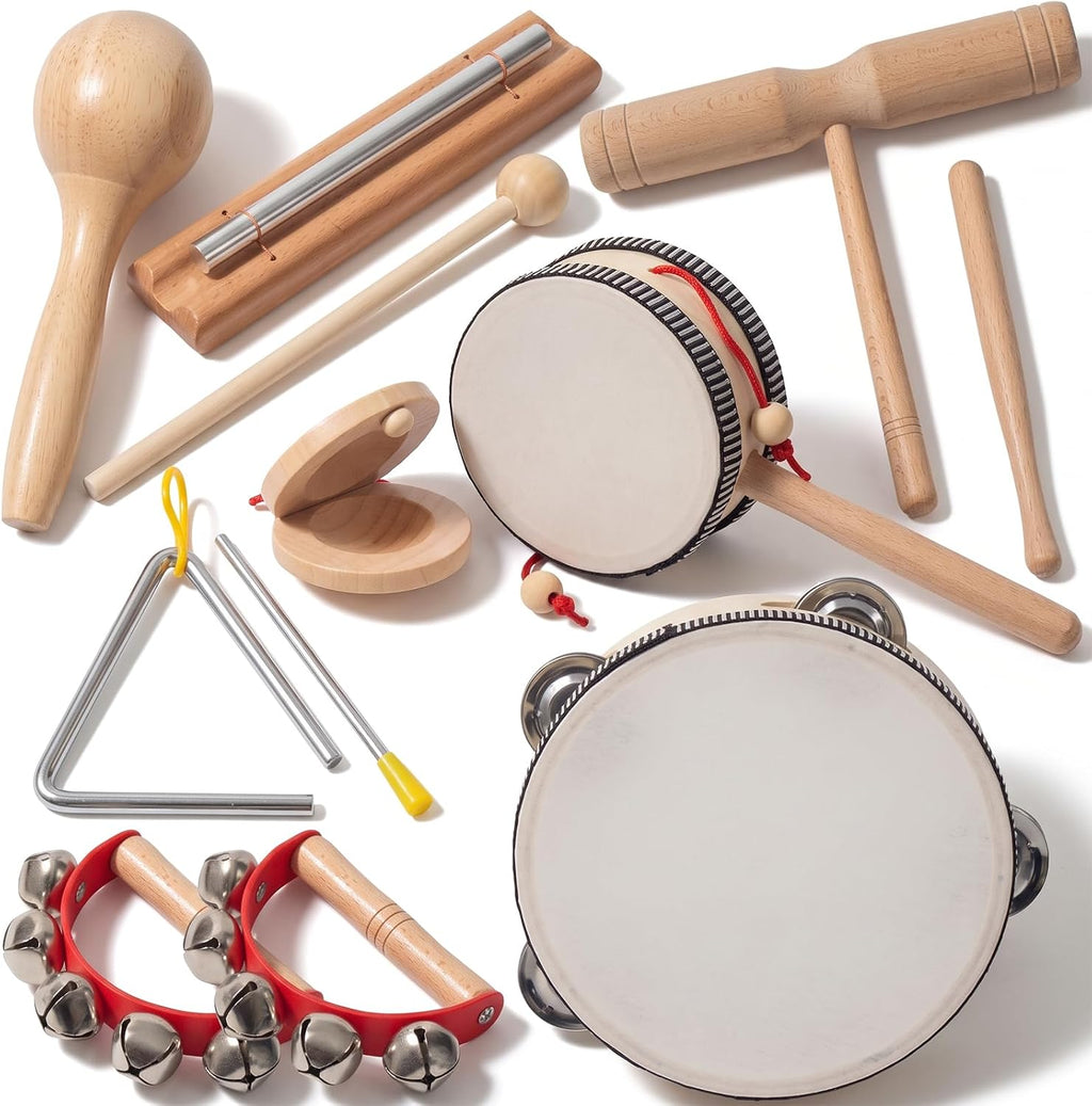 Wooden Musical Instruments Set for Toddlers 1-3, Montessori Baby Toys | Natural Wood Percussion Instruments Xylophone