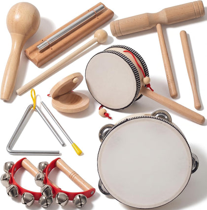 Wooden Musical Instruments Set for Toddlers 1-3, Montessori Baby Toys | Natural Wood Percussion Instruments Xylophone