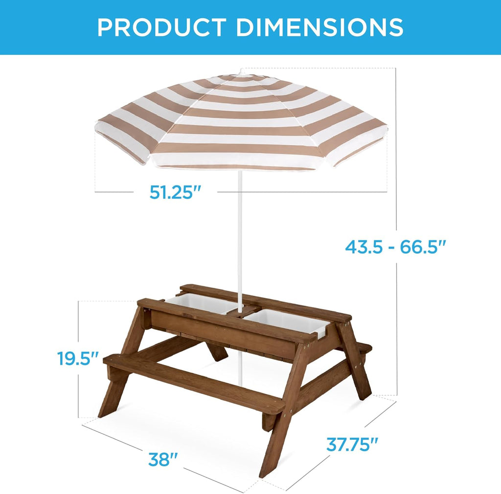Kids Picnic Table with Umbrella, 3-in-1 Sand & Water Table, Outdoor Convertible Picnic Table for Toddlers, Seats 4
