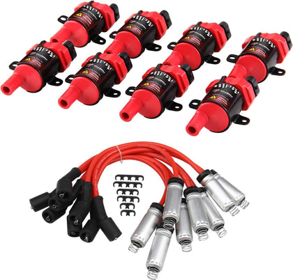 High Performance 8Pcs D585 UF262 Ignition Coils Pack Round Type + 8Pcs 8mm Spark Plug Wire Set Part Number 748UU