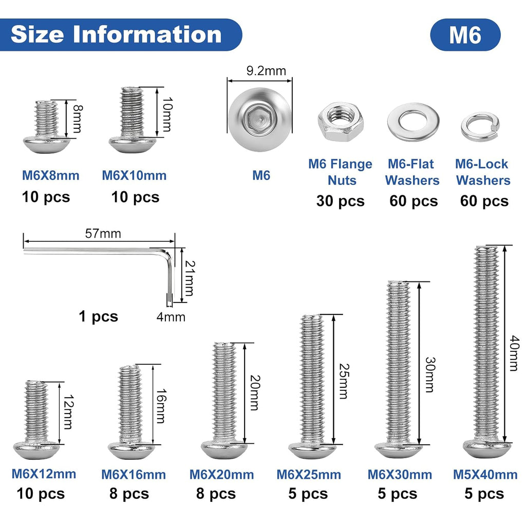 211Pcs Metric M6 Button Head Hex Socket Cap Screws Assortment Kit, M6x 8/10/12/16/20/25/30/40mm Internal Hex Drive Allen Bolts Nuts and Washers Set, 304 Stainless Steel, Fully Threaded, Pitch: 1.0mm