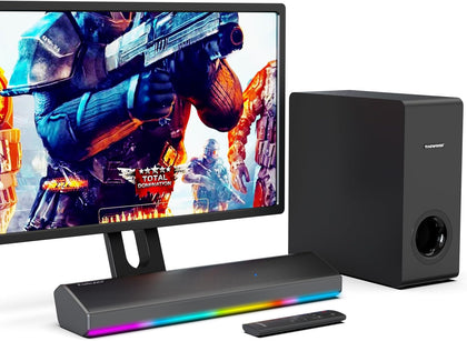 RGB Gaming Soundbar with Subwoofer, 2.1 Channel 80W Bluetooth Sound Bar with Dynamic LED Lights Sync to Music &
