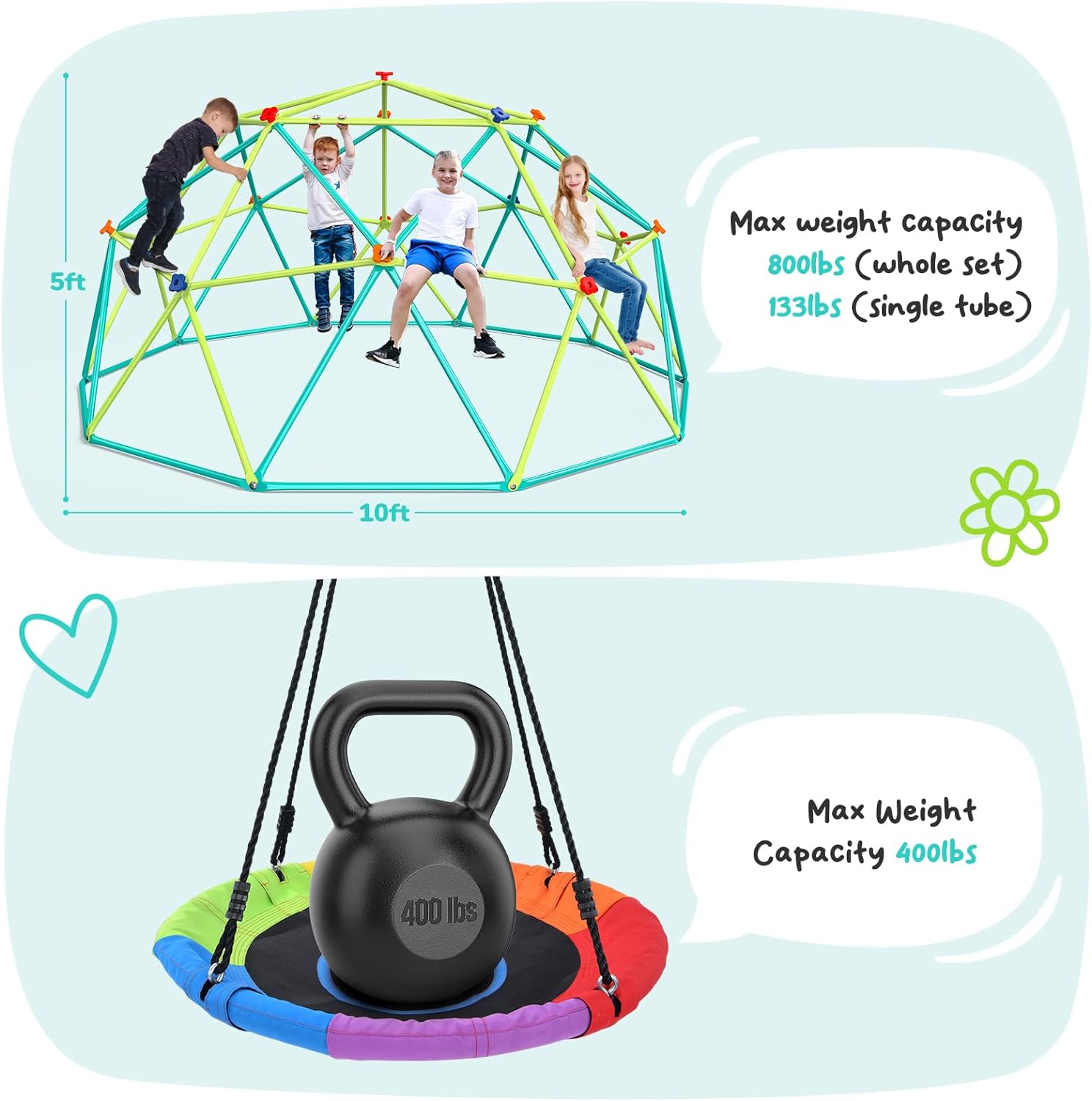 10 ft Climbing Dome Swing Set with Saucer Swing, Jungle Gym for Kids Outdoor Backyard, Supports 800lbs, Easy