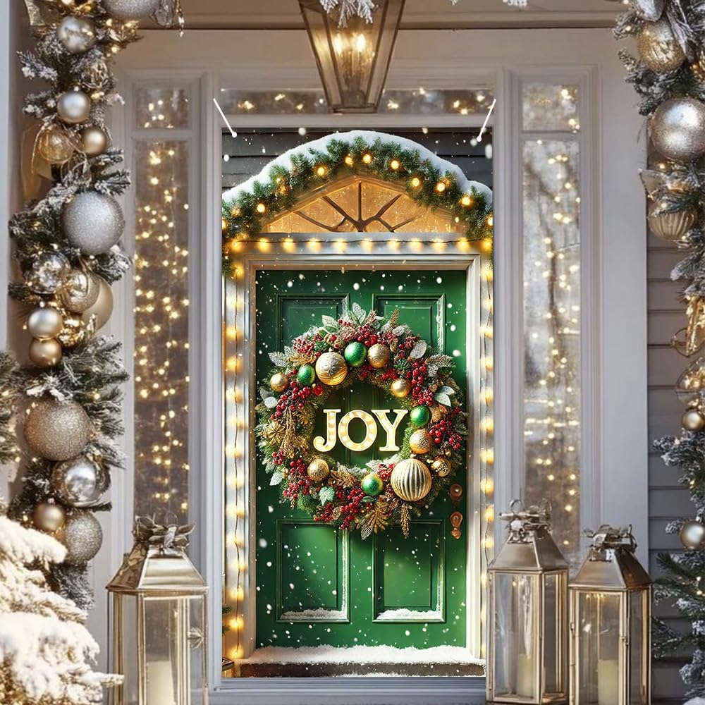 2D Flat 71x35 Inch Large Green Door Christmas Banner with Glowing JOY Wreath Red Berry Pine Garland Wall Hanging for