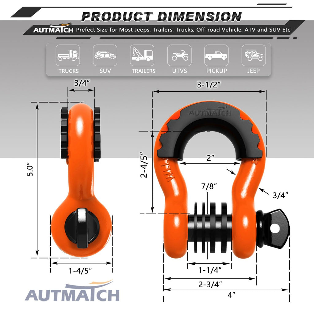 3/4" D Ring Shackles (2-Pack) - 41,887 lbs Break Strength