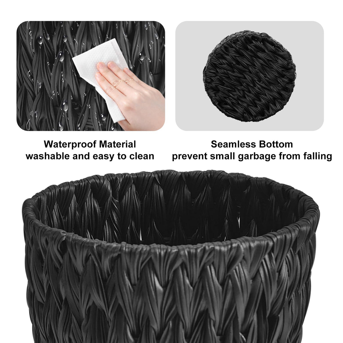 Wicker Trash Can, Small Bahtroom Waste Basket, 2 Gallon, Black