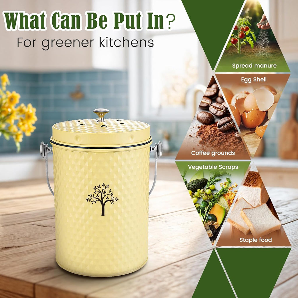 Countertop Kitchen Odorless Compost Bin with Removable Inner Bucket | 1 Gallon Composter Container,Includes 50