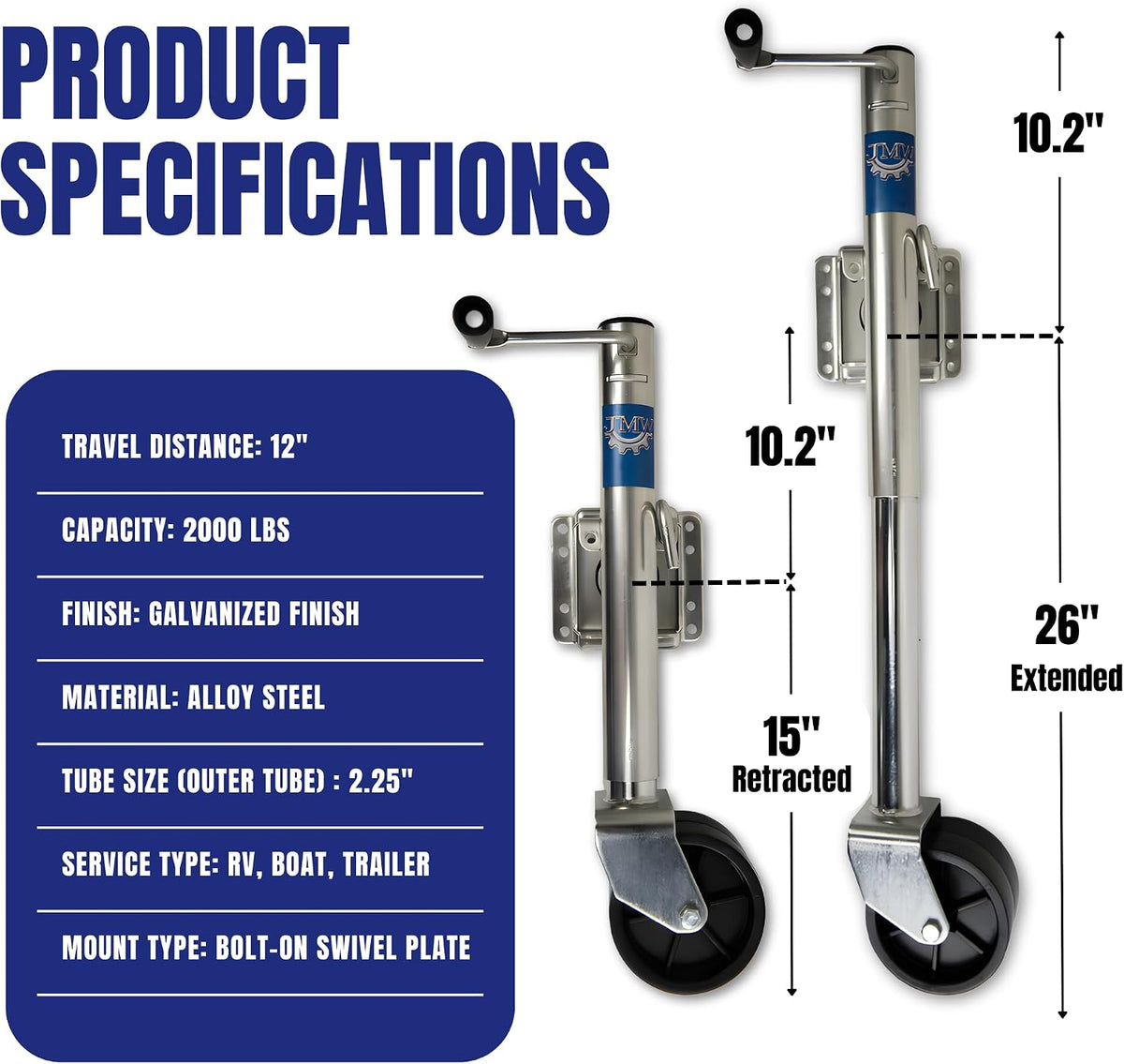 2000lbs Trailer Jack with Double Wheel, Adjustable 12" Lift Travel, Boat On for Boat RV Utility, Swivel Tongue Towing