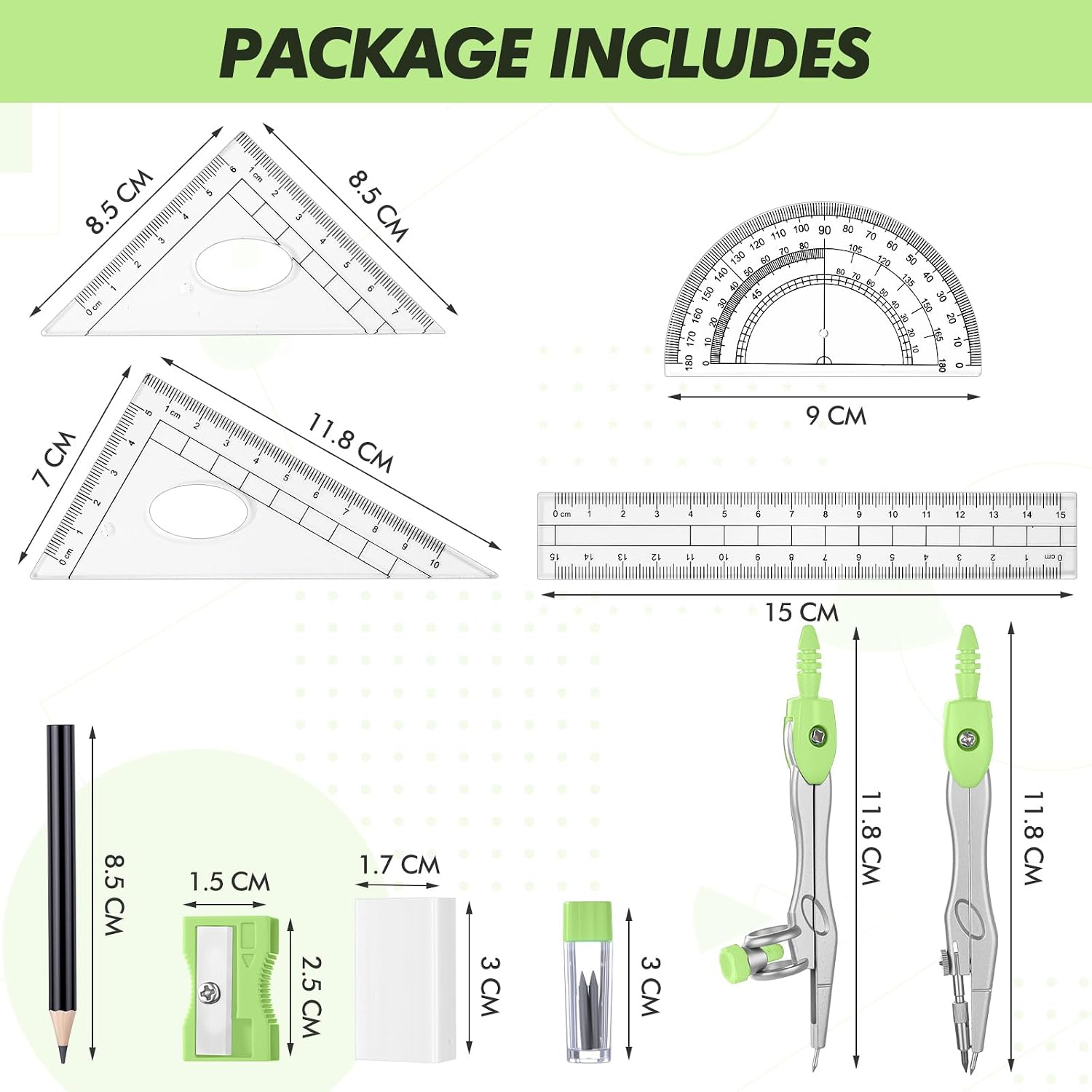 Math Geometry Set for Students 10 Pcs Compass Geometry Tools Kit Includes Protractor Compass Lead Refills Rulers