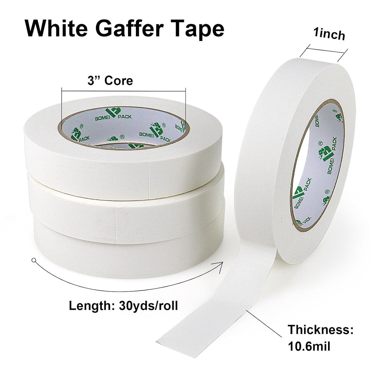 White Gaffer Tape, Matte Non-Reflective, 4 Pack 1inch x 30yds No Residue Hand Tear Self-Adhesive Gaffer Tape for