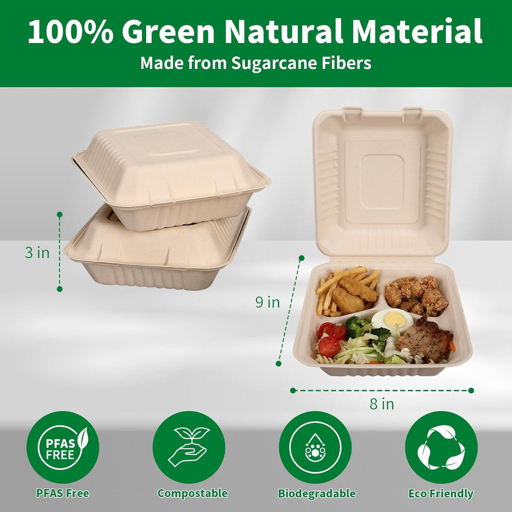 Disposable 50 Pack 3 Compartment 8x9 Inch Take Out Food Containers