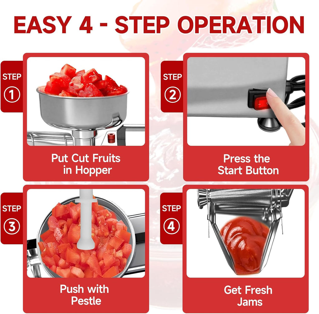 450W Stainless Steel Electric Jam Maker, Commercial Tomato Milling Machine Food Strainer Sauce Squeezer for Soft