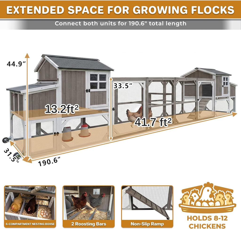 190.6" Double Outdoor Chicken Coop with Run and Wheels for 8-12 Chickens