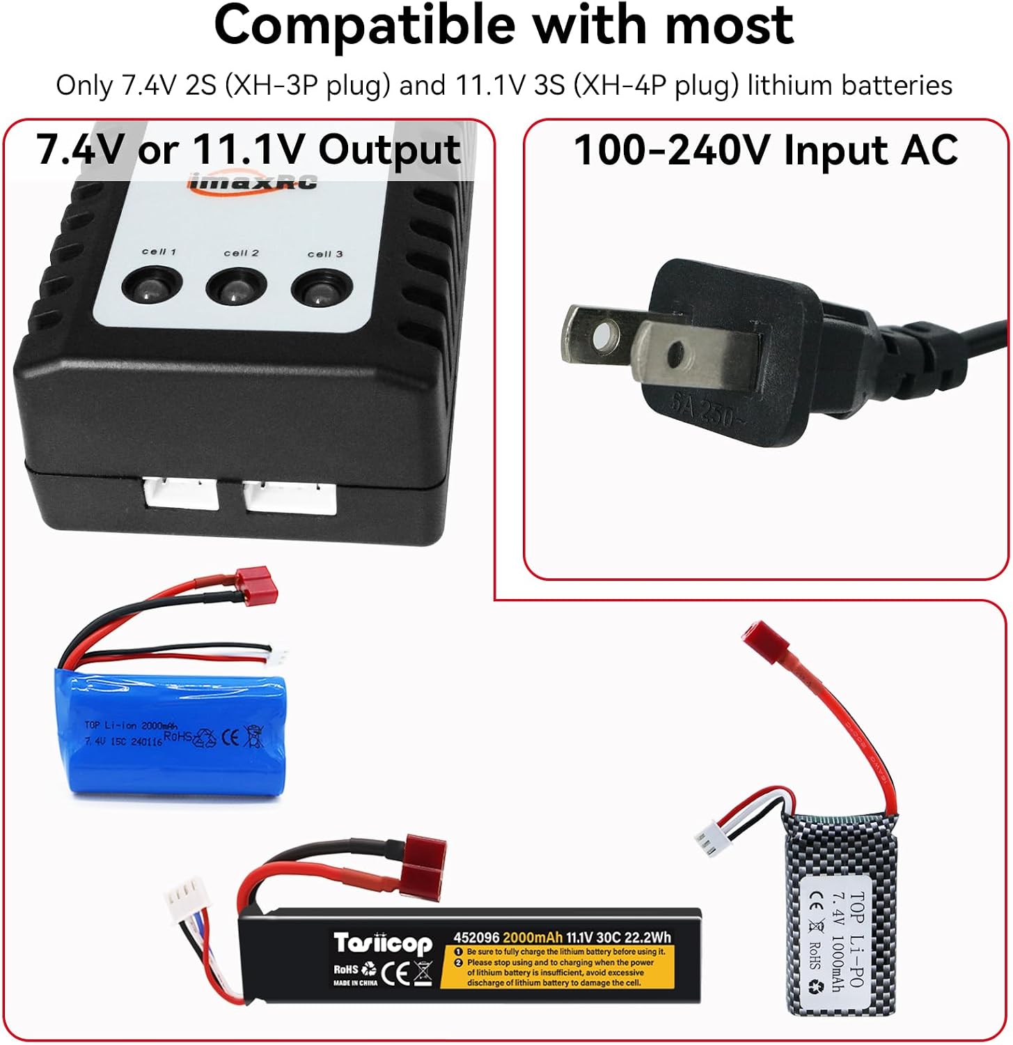 B3 Lipo Battery Charger - 2S 3S RC Balance Chargers AC 7.4-11.1V 10W with XH3P XH4P Plug for RC Car Batteries Drone