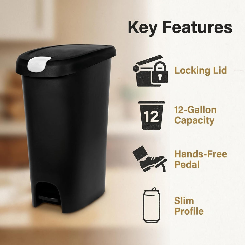Kitchen Trash Can, 12 Gallon Plastic Slim Step Garbage Bin with Locking Foot Pedal Lid, Hands-Free Black Trash Can
