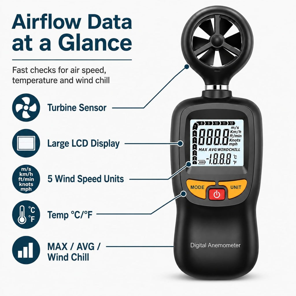 Digital Anemometer HVAC,Air Flow & Wind Speed Meter with Temperature