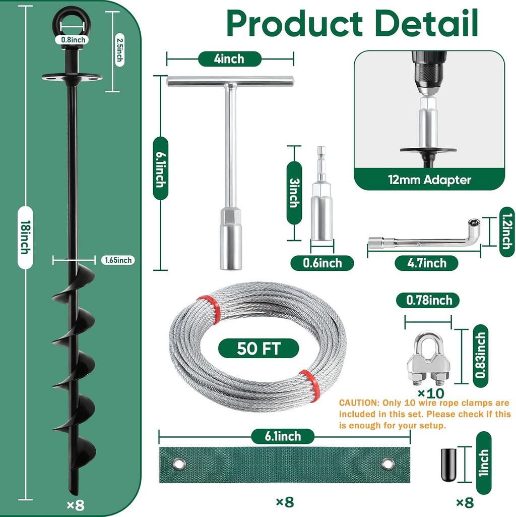 18'' Ground Anchors Screw in Heavy Duty, Shed Anchor Kit with Straps & Steel Cable & Tools, Earth Anchors for Mobile