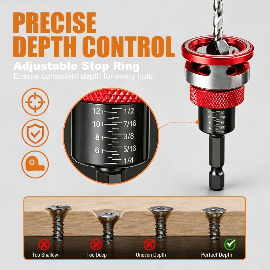 SUPFOX Countersink Drill Bits Set, 6PCS 4-Flute HSS M2 Bits with Depth Stop