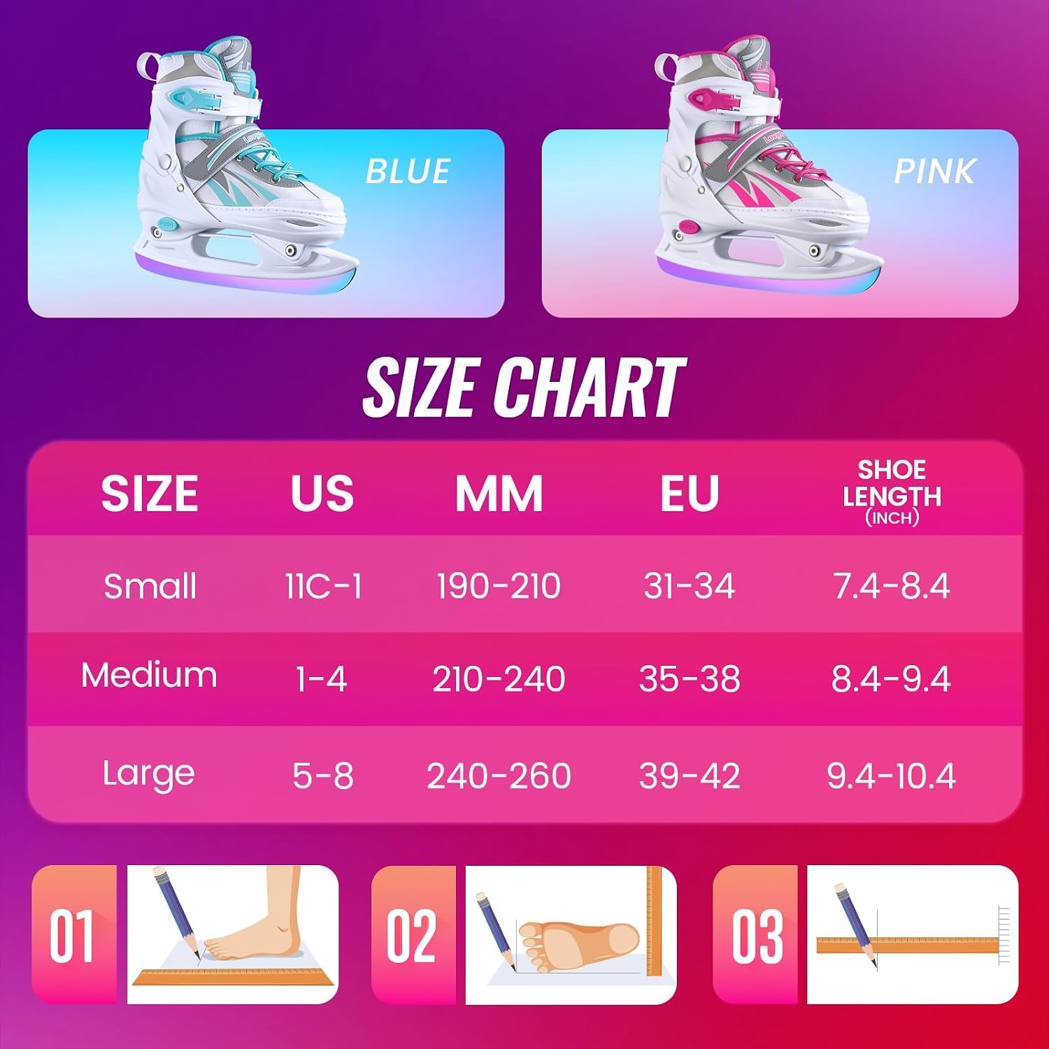Adjustable Ice Skates for Kids Girls Boys, 4 Size Adjustable Beginner Ice Hockey Skates for Youths Teen, Warm Ice