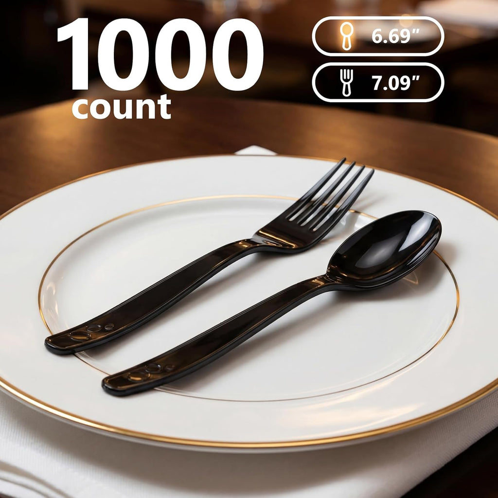 1000 Count Black Plastic Silverware Heavy Duty -Forks, Spoons