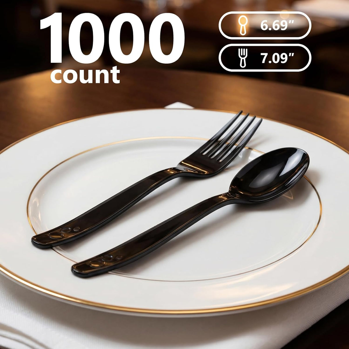 1000 Count Black Plastic Silverware Heavy Duty -Forks, Spoons
