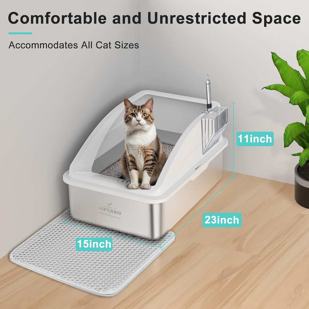 Stainless Steel Litter Box | XL Enclosed Cat Litter Boxes with Lid for Big Cats | High Sided, Anti-Urine Leakage |