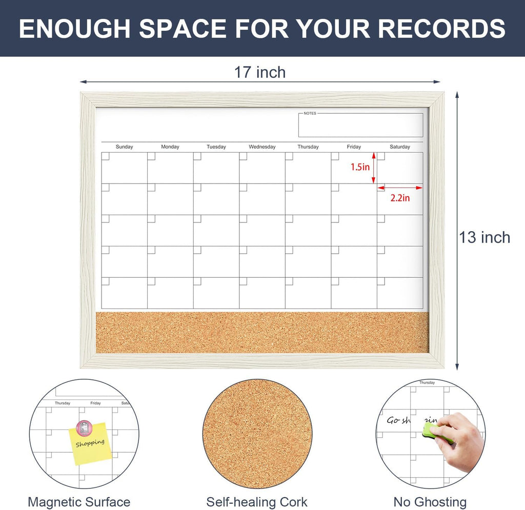Calendar Whiteboard for Wall, TANKEE 17x13 Inches Whiteboard Calendar Cork Board Combo, Small Magnetic White Board