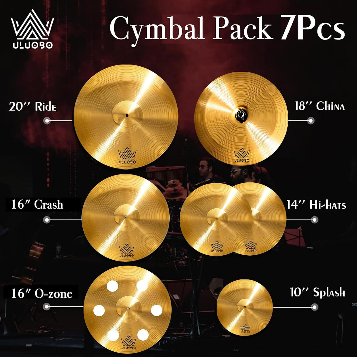 Cymbal Pack for Drum, 7 Pieces Drum Cymbals Set | 10"/14"Hihats/16"Crash/20"Ride/16"O-zone/18" China Cymbal with