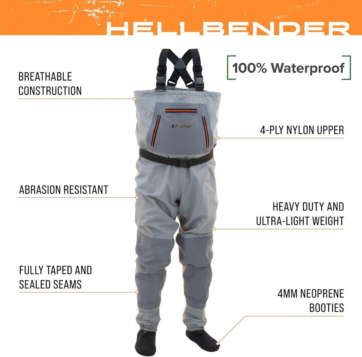 Hellbender Breathable Waterproof Stockingfoot Fishing Chest Wader for Fishing | 4-ply nylon upper, double-reinforced