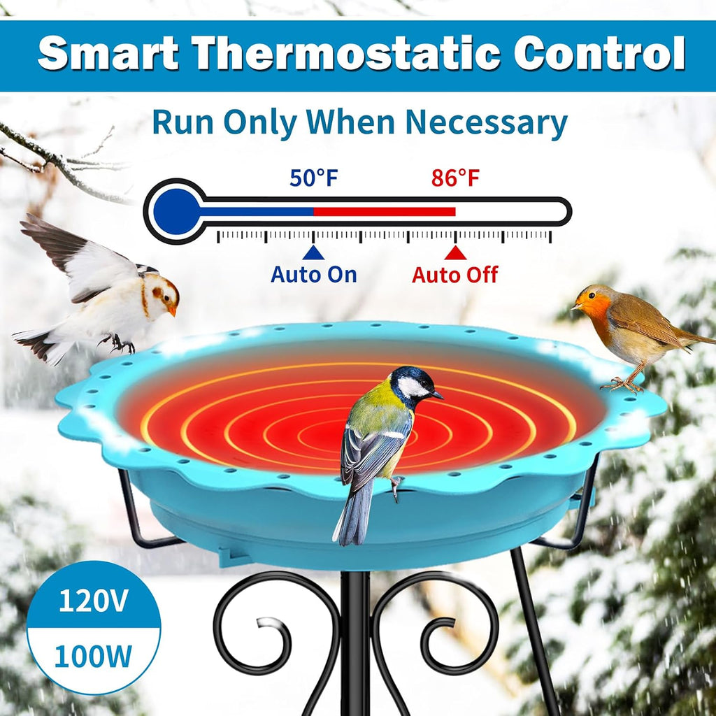 100W Heated Bird Bath for Outdoors, Heated Birdbath Water Heater, Blue