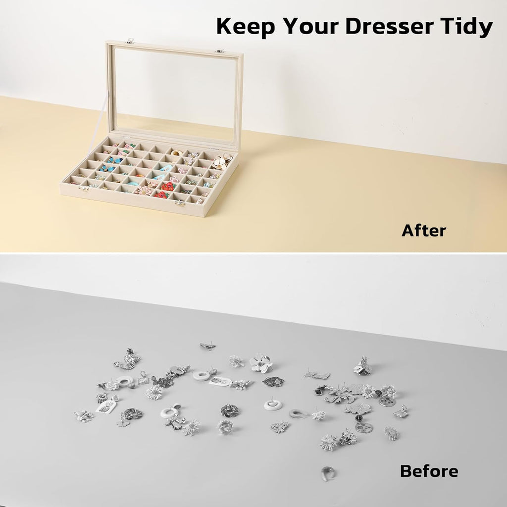 48 Grid Earring Organizer,Velvet Jewelry Tray with Clear Lid | Drawer Jewelry Organizer for Rings Studs